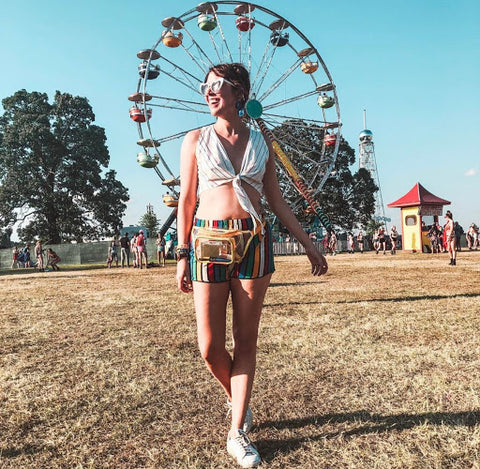 Influencer, Blogger, Mamie Ruth, rainbow shorts, stripe top, Bonnaroo, festival fashion, music festival, festival style