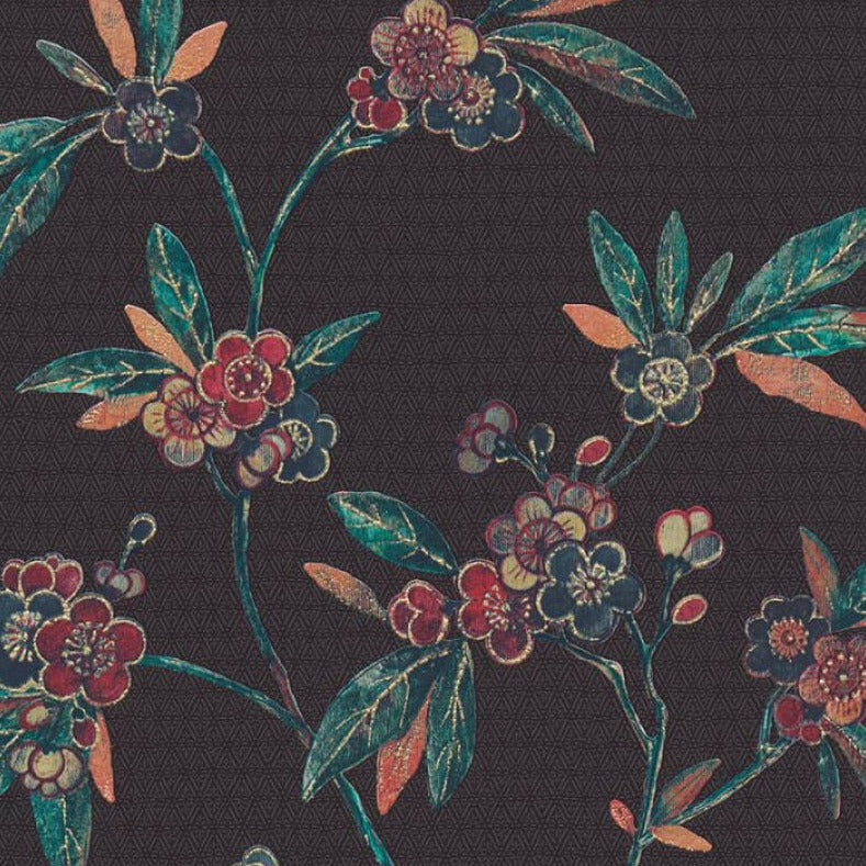 St Gewend Verpersoonlijking Floral & Tree Wallpaper - bloemen met gestikt zwart effect – Summer Gray