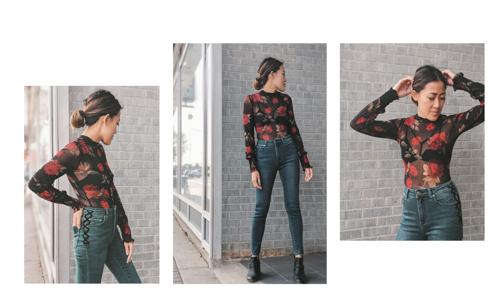 Floral look - C'est Moi Floral Bodysuit, Neon Blonde Bombshell Jeans with Lace-up Detail