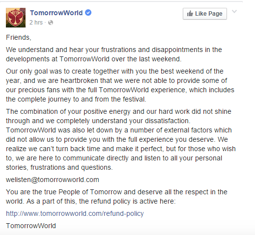 TomorrowWorld 2015 apologizes for weather conditions