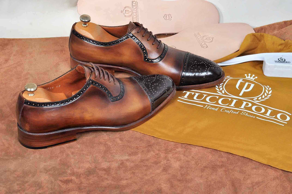 TucciPolo Handmade Brown Captoe Oxfords Mens Luxury Brogue Italian Leather  Shoe