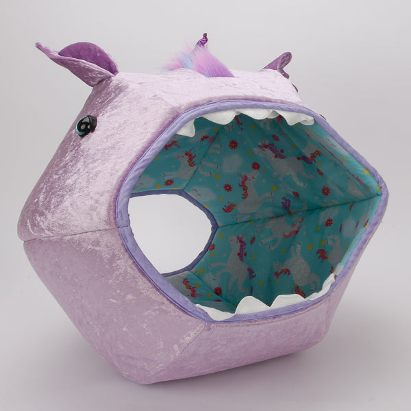 Novelty unicorn Cat Ball® cat bed, made in lavender panne velvet fabric