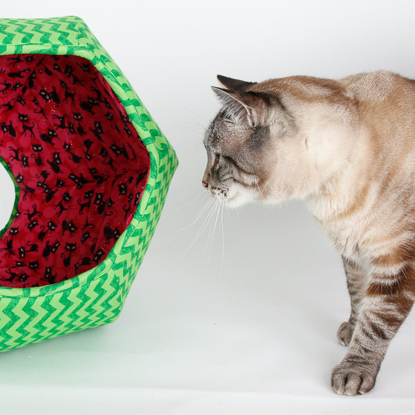 Watermelon Cat Ball bed made in green zig zag fabric with black kitty seeds