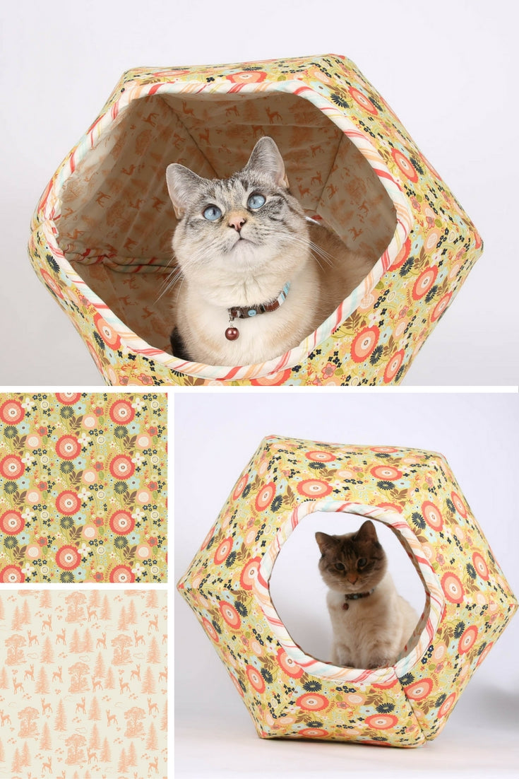 The Woodlands Flower Cat Ball cat bed is made with Riley Blake fabrics