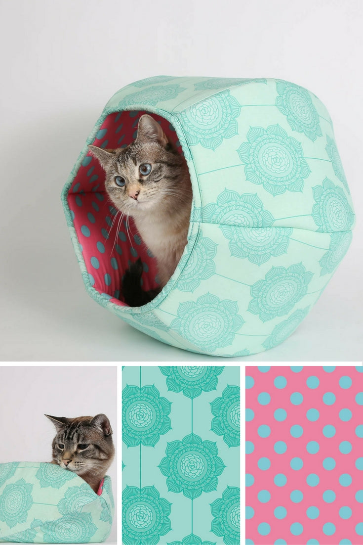 Cat beds made in teal Riley Blake Cottage Wallpaper fabrics