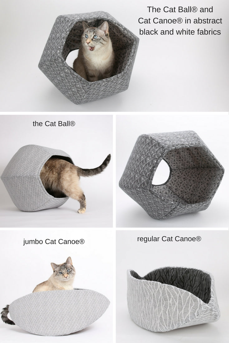 The Cat Ball and Cat Canoe cat bed designs made in abstract black and white fabrics