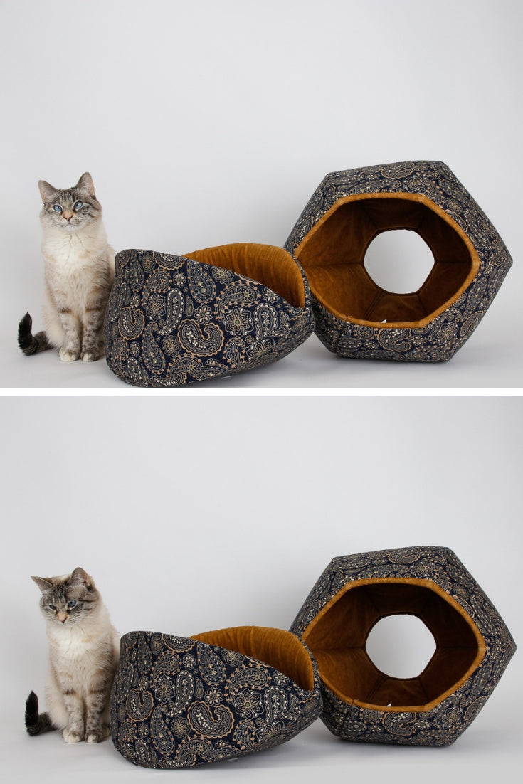 Coordinating jumbo Cat Canoe and the Cat Ball cat bed made in navy paisley fabrics