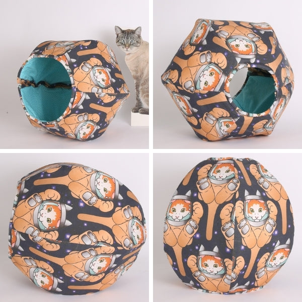 Custom fabric Cat Ball® cat bed made with a large astronaut cat fabric, printed by Spoonflower