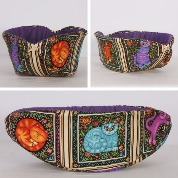 Custom Cat Canoe® modern cat bed made with a fun cat fabric that the customer provided