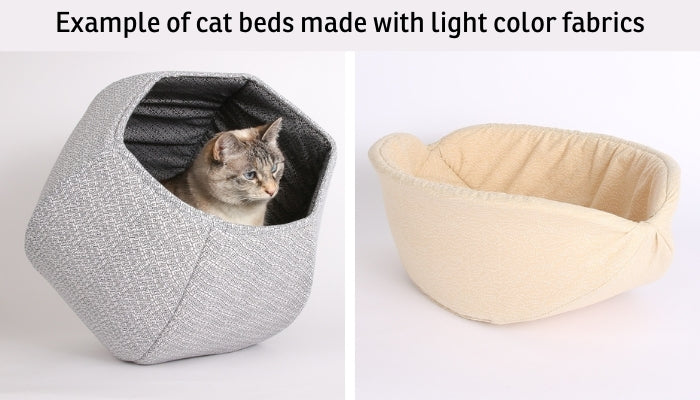 Examples of our designer cat beds made with light color fabrics that work well