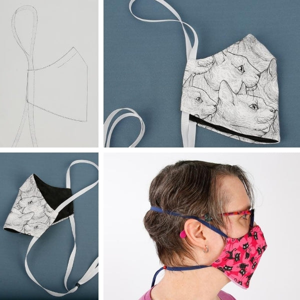 Nose dart style face mask has a fully adjustable headband, a style that can work well if you wear glasses or hearing aids. This face mask is made with three layers of woven quilting cotton fabric, is reversible, has an easy to use filter pocket, and a channel to hold a nose wire. Made in USA by The Cat Ball, LLC