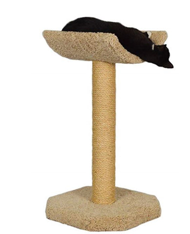 Tall carpeted cat tree with a curved cradle sleeping platform, made by Molly and Friends