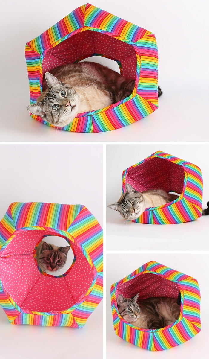 The CAT BALL cat bed made for the Nyan Cat in rainbow fabric. The Cat Ball is a cave style bed for cats.