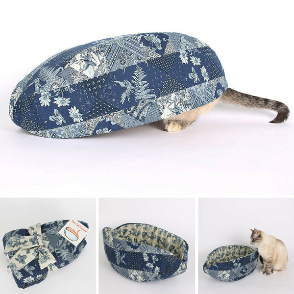 Cat Canoe modern cat bed made in blue and ivory calico patchwork fabric