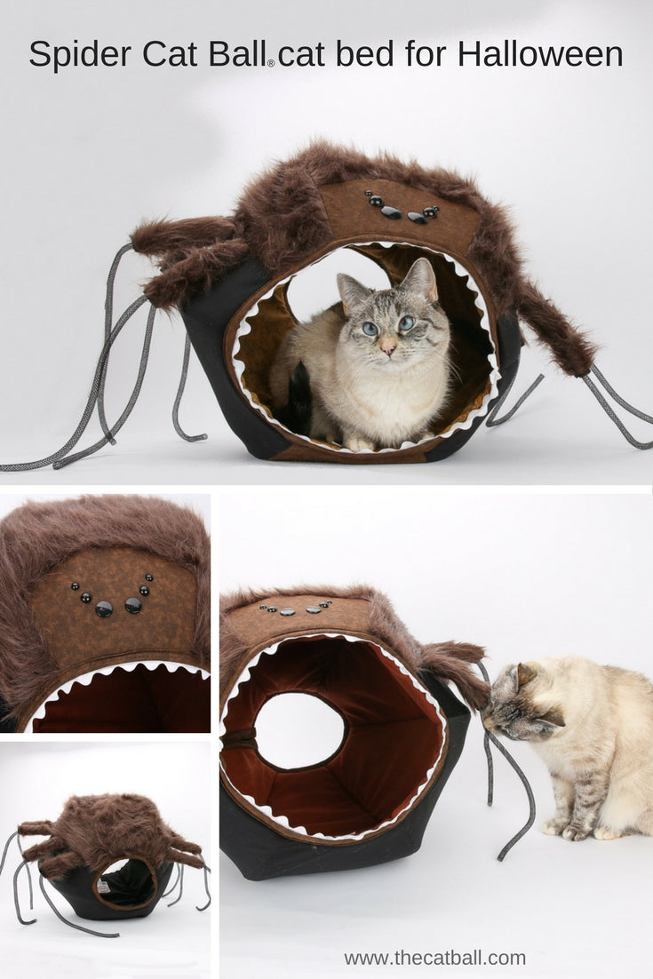 The CAT BALL is a hexagonal cat bed with two openings. The spider Cat Ball® is a spooky, novelty, Halloween themed, cat bed made in the USA by The Cat Ball, LLC