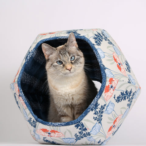 Cat Ball cat bed Art Nouveau Flowers in Coral, Navy, Blue and Grey