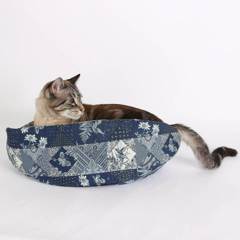 The Cat Canoe a Modern Cat Bed in Navy Blue and Ivory Butterfly Cotton Calico Fabric