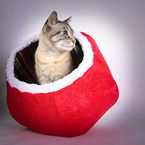 The Christmas Cat Ball cat bed in red velvet with fur