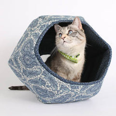 The Cat Ball Cat Bed in Ivory Blue Paisley
