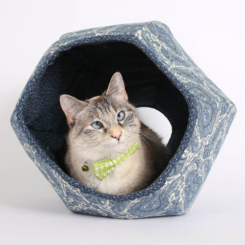 The Cat Ball in Ivory and Blue Paisley Fabric a Modern Hexagonal Cat Bed