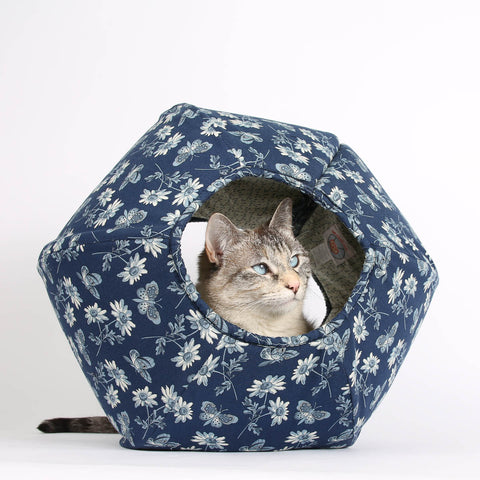 The Cat Ball in Navy Blue and Ivory Butterflies a Modern Hexagonal Pet Bed