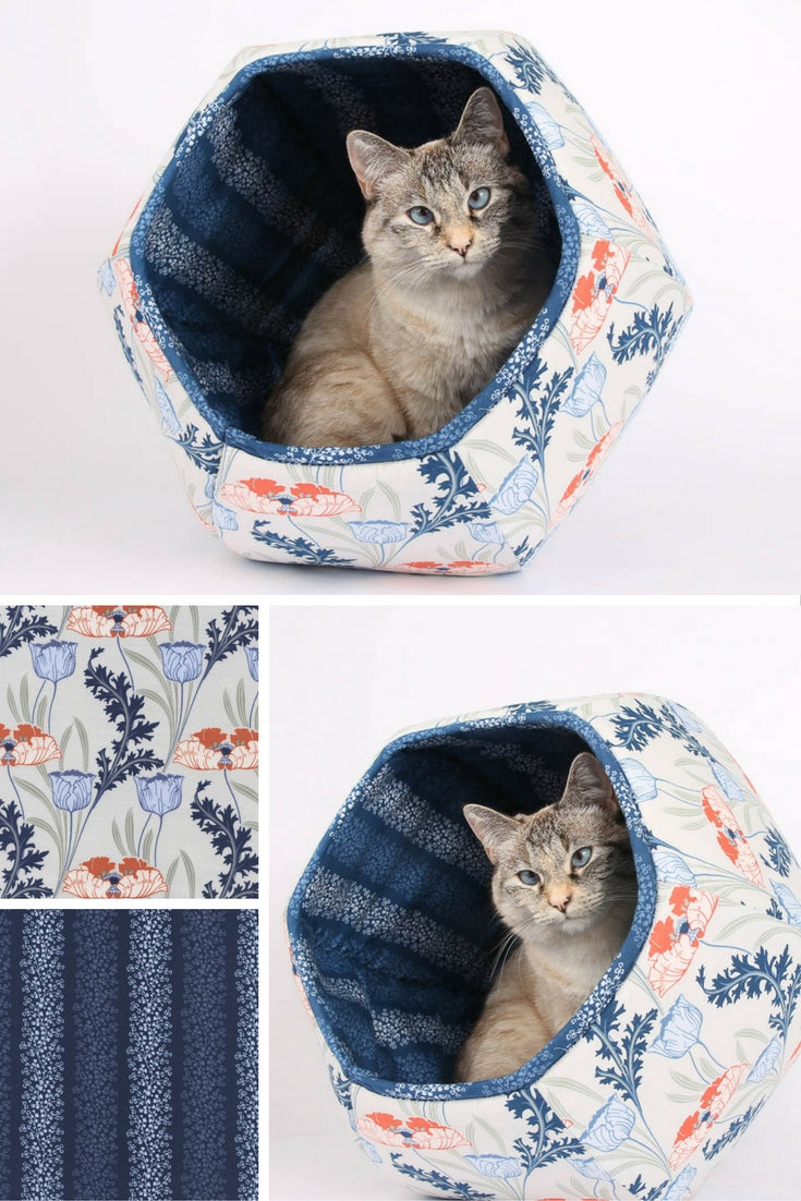 Cat Ball cat bed Art Nouveau Flowers in Coral, Navy, Blue and Grey