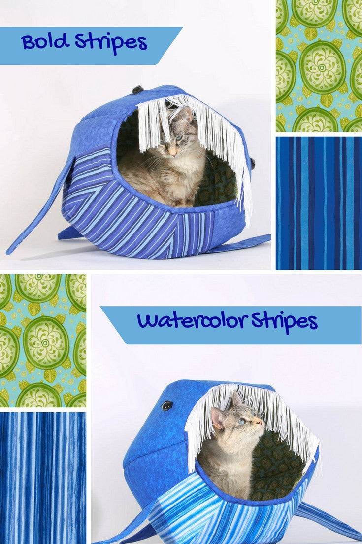 The whale Cat Ball pet bed is a novelty cat bed with fun details and made in quality cotton fabrics