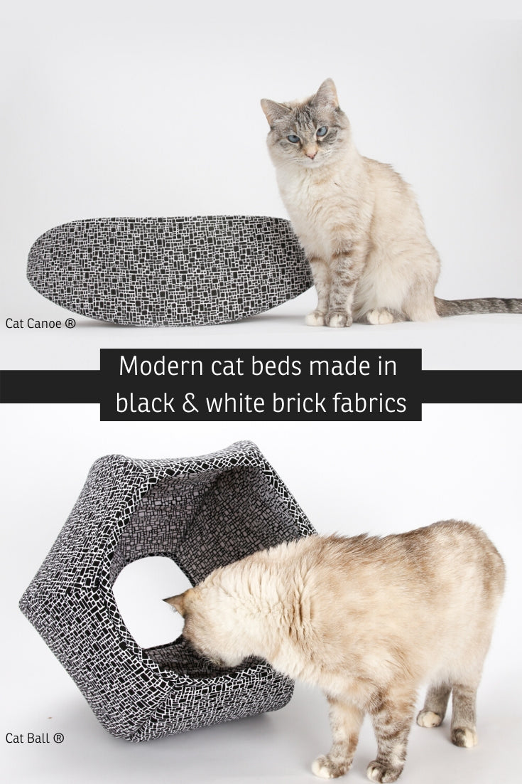 Cat Ball and Cat Canoe modern cat bed designs made in coordinating black and white cotton fabrics that look like stacked bricks. 