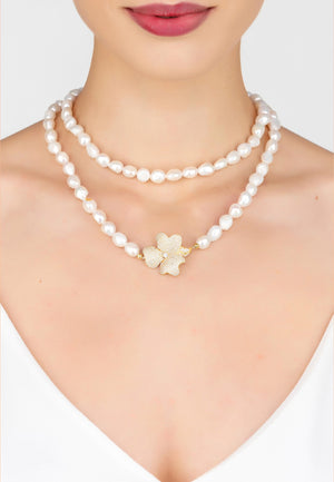 Flower Pearl Gemstone Long Necklace White CZ Gold