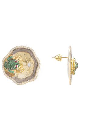 Frog Lily Pad Stud Earrings Gold
