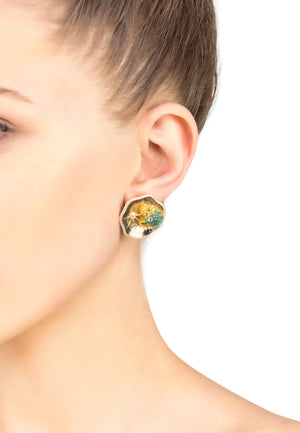 Frog Lily Pad Stud Earrings Gold
