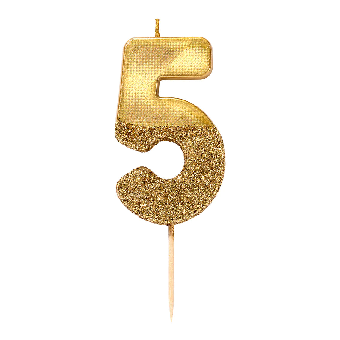 Zahlenkerze "5" Gold mit Goldglitter
