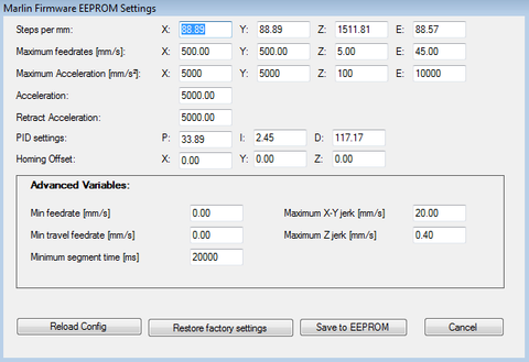 One Up Firmware EEPROM settings used.   PID values were updated from the original defaults, based on the results of the PID autotune command