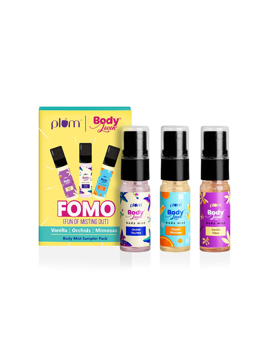 

Plum BodyLovin' Bestsellin’ Body Mists Sampler Pack | 5 ml Body Mists | Refreshing Fragrance | Vanilla + Orchids + Mimosas | 100% Vegan