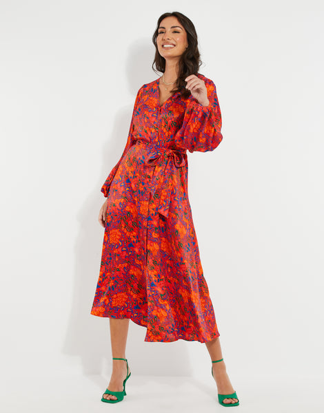 Women's Red Satin Abstract Animal Print Midi Dress