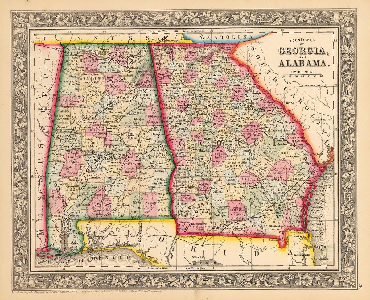 Antique Map of Alabama and Georgia by: Mitchell 1862 : nwcartographic