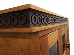China cabinet walnut inlay detail image, carved pattern