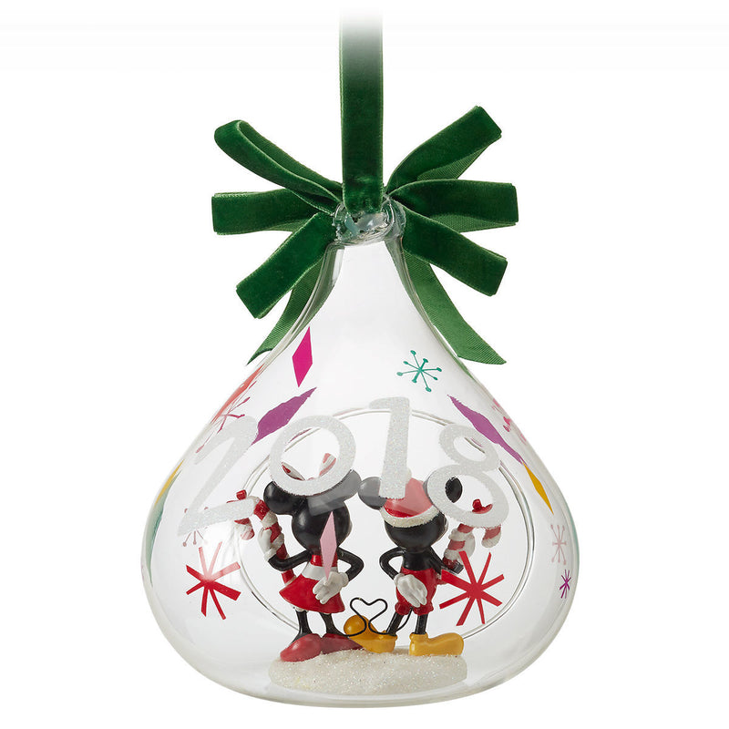 Disney Store Mickey Minnie Mouse Holiday Glass Drop Ornament 2018 Chri