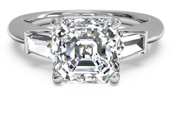 3 stone asscher cut and baguette diamond engagement ring