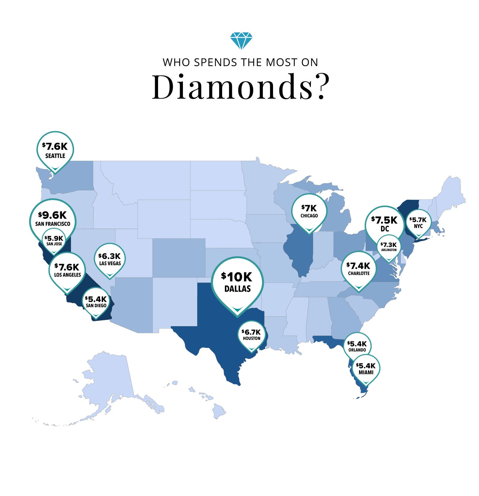 Map showing which cities in the United States spend the most on diamonds
