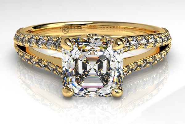 Asscher cut engagement ring in yellow gold