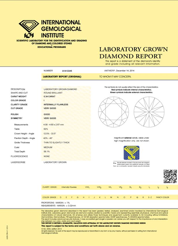 IGI lab diamond sample grading certificate