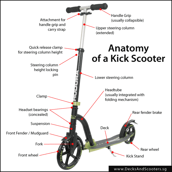 Kick scooter anatomy, a guide to the parts that make up a typical kick scooter.
