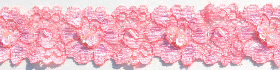 Pink elastic lace with sequins and beads
