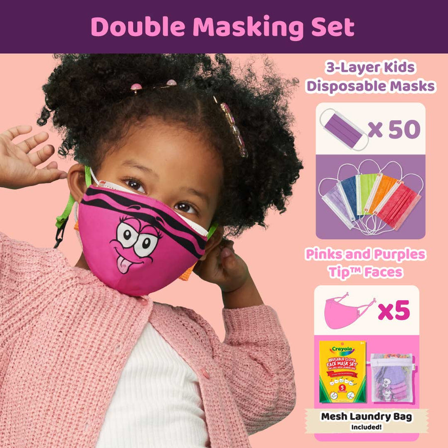 Double-mask Bundle: 3-Layer Kids Disposable Masks (50-Pack) & Crayola™ Limited Edition Pinks & Purples Tip™ Faces Kids Mask Set (5-Pack)