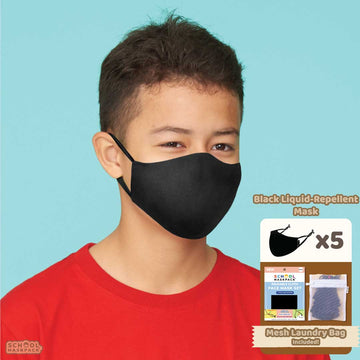 Special Price — SchoolMaskPack™ Liquid-Repellent Kids Mask Set, Black, 5 Masks for Kids, Adults or Teens