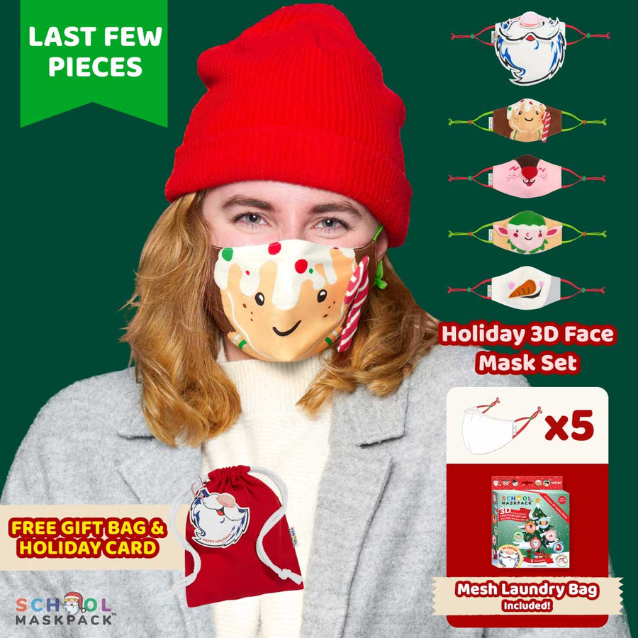 SchoolMaskPack™ Kids Mask Set, 3D Holiday, 5 Masks for Kids, Adults or Teens, Size Large