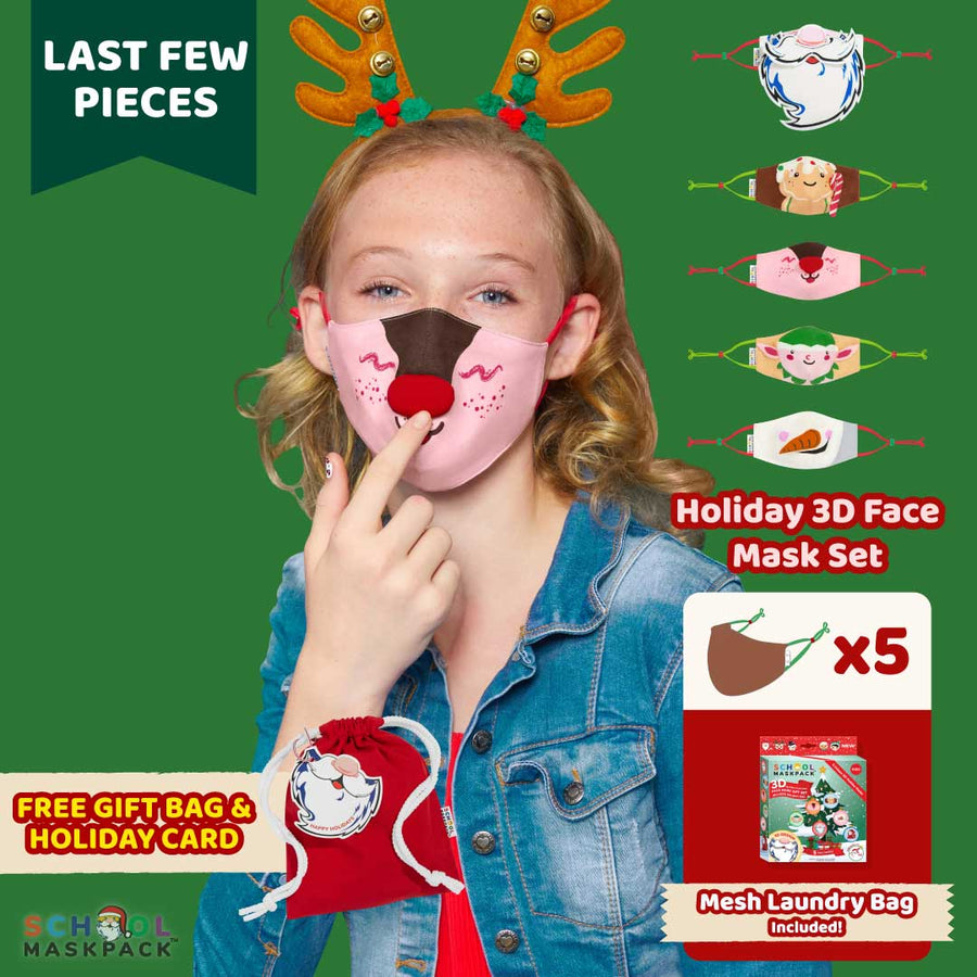 SchoolMaskPack™ Kids Mask Set, 3D Holiday, 5 Masks for Toddlers and Kids, Size Small