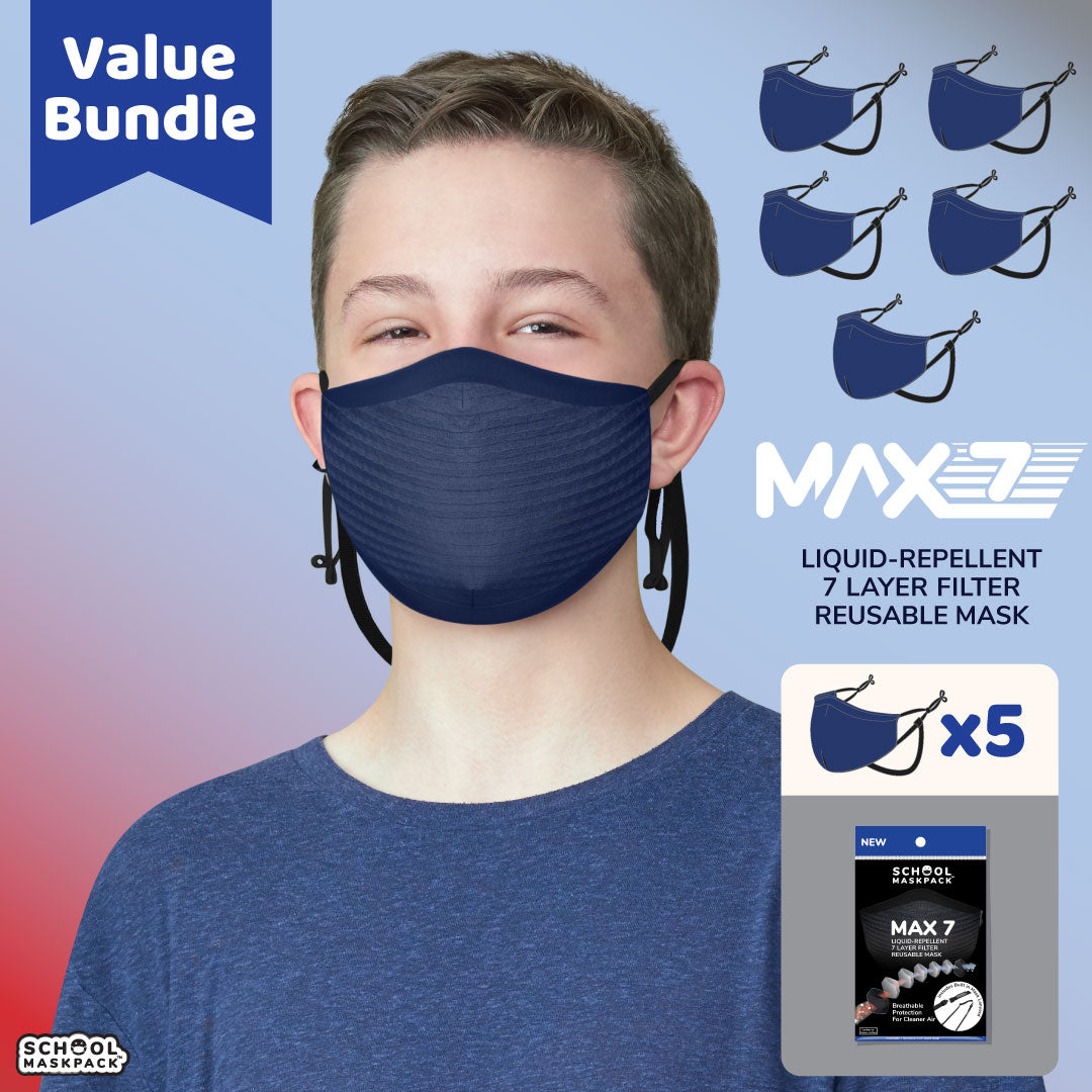 5-Pack Bundle — MAX7 Liquid-Repellent 7-Layer Filter Reusable Mask, Teen/Adults - Navy