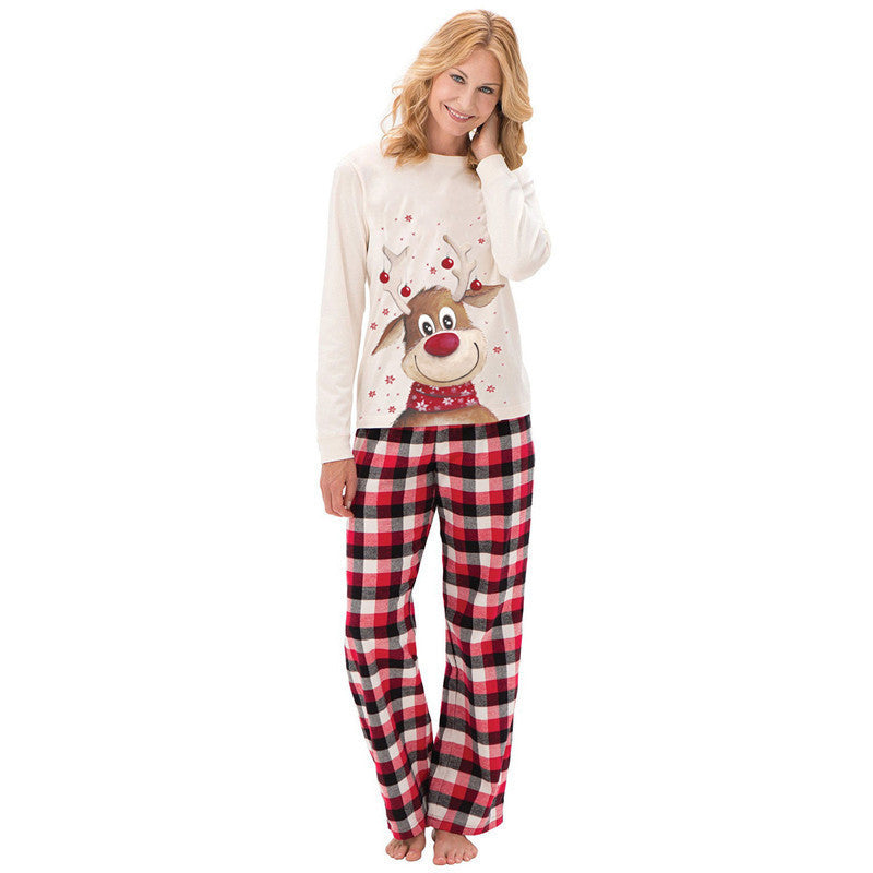 Christmas Family Matching Sleepwear Pajamas Sets White Christmas Deer Top and Red Plaids Pants